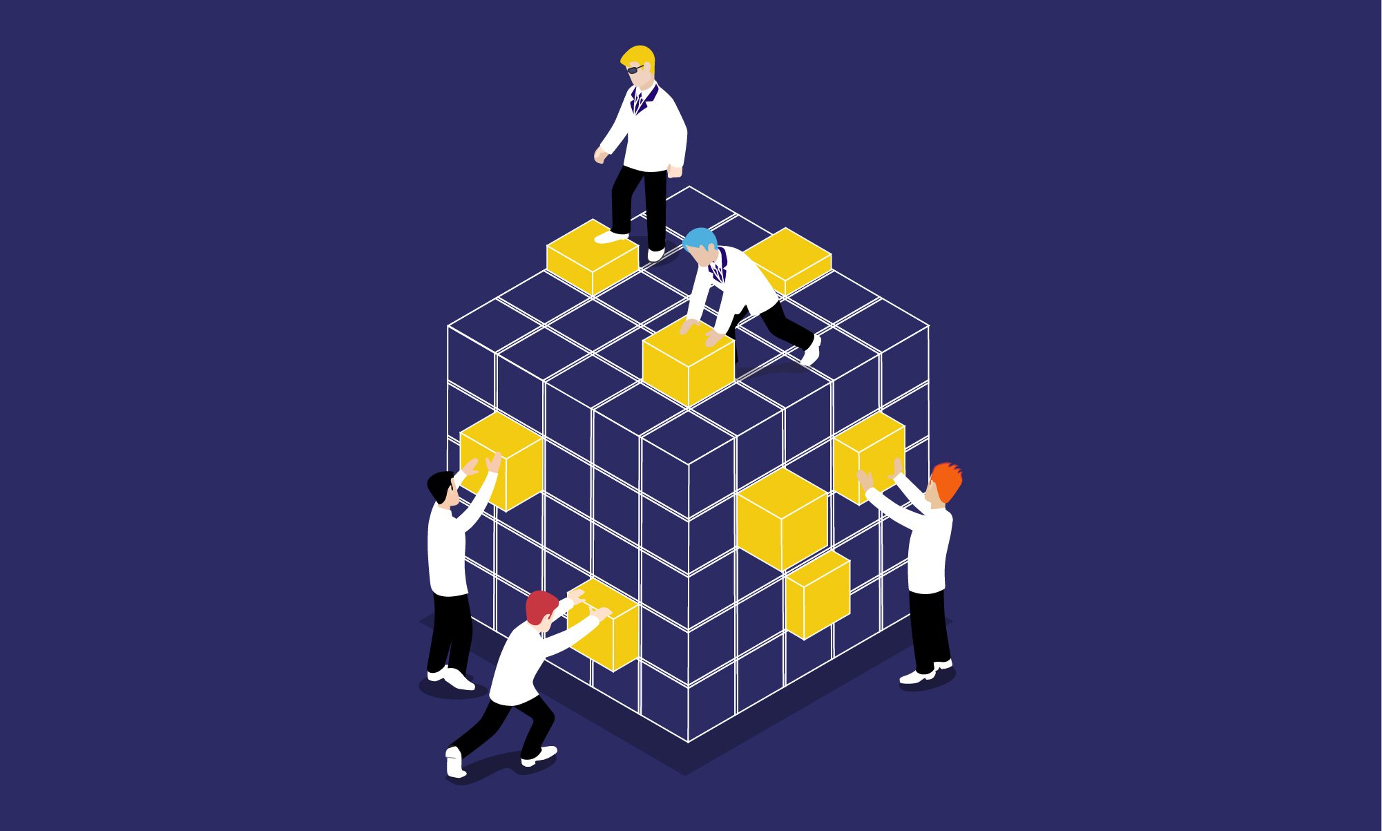 Three people solving a cubic puzzle graphic